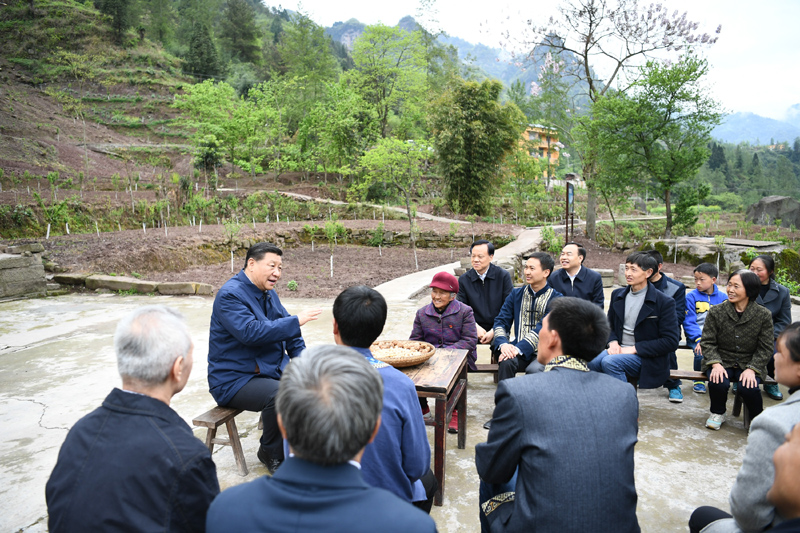 2019年4月15日至17日，中共中央總書記、國家主席、中央軍委主席習(xí)近平在重慶考察，并主持召開解決“兩不愁三保障”突出問題座談會。這是4月15日下午，習(xí)近平在石柱土家族自治縣中益鄉(xiāng)華溪村同村民代表、基層干部、扶貧干部、鄉(xiāng)村醫(yī)生等圍坐在一起，共話脫貧攻堅。新華社記者 謝環(huán)馳 攝