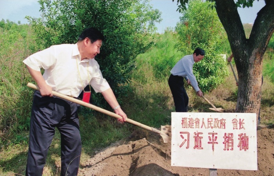2001年10月，習(xí)近平在龍巖市長汀縣調(diào)研水土流失治理工作，在河田世紀(jì)生態(tài)園為樹培土。圖源：《習(xí)近平在福建（下）》