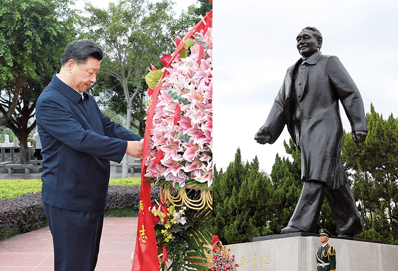 2020年10月14日，習(xí)近平總書記向深圳蓮花山公園鄧小平同志銅像敬獻(xiàn)花籃。